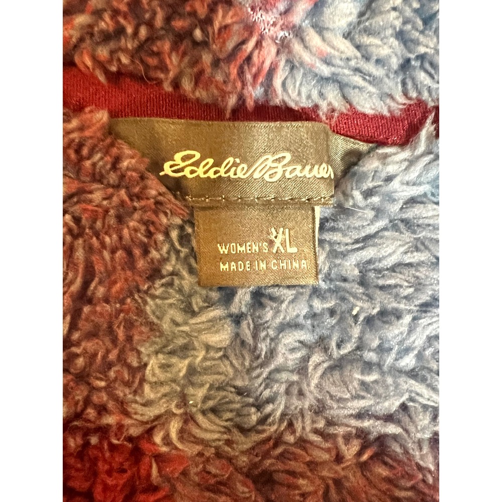 Eddie Bauer Womens Plaid Fleece Quarter Zip Pullover Sweatshirt XL Burgundy Blue - Picture 6 of 11